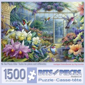 bits and pieces rompecabezas de 1500 piezas para adultos invernadero antiguo fuente de pájaro hermoso jardín de flores