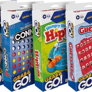 hasbro grab and go!, juegos de mesa de viaje para niños, battleship, connect 4, ¿adivina quién?, juegos de hipopótamos hambrientos hambrientos, 2 jugadores, a partir de 7 años